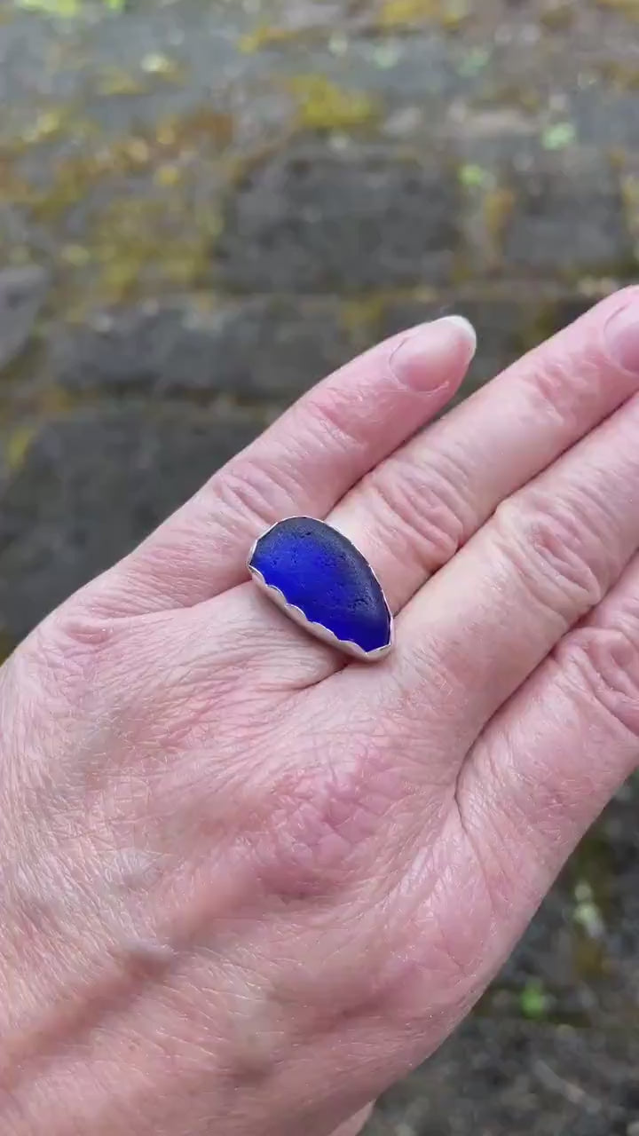 Cobalt Blue Sea Glass Statement Ring, Royal Blue Beach Glass Jewelry For A Beach Vacation, Handmade Sterling Silver Recycled Blue Glass Ring
