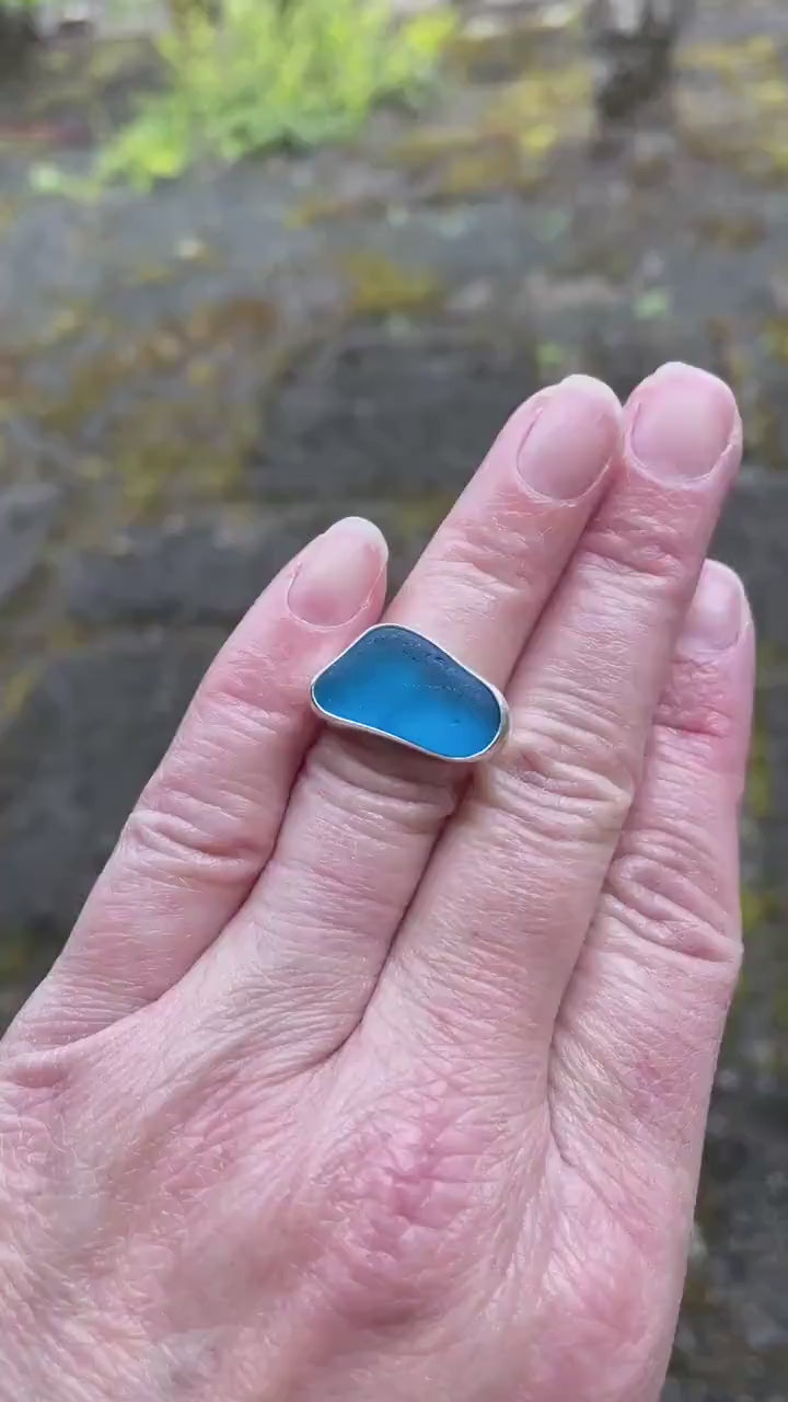 Dark Turquoise Blue Sea Glass Ring, Ultra Rare Blue Caribbean Sea Glass Ring For Beach Wedding, Handmade Sterling Silver Beach Glass Jewelry
