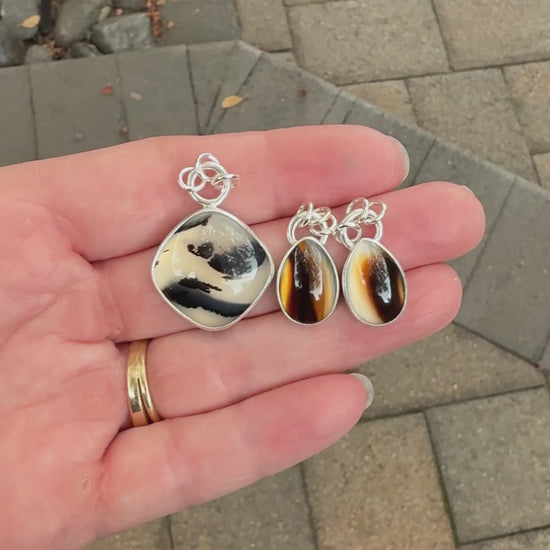 Large Montana Agate pendant necklace in sterling silver, natural cream and black patterned gemstone, handmade in Oregon