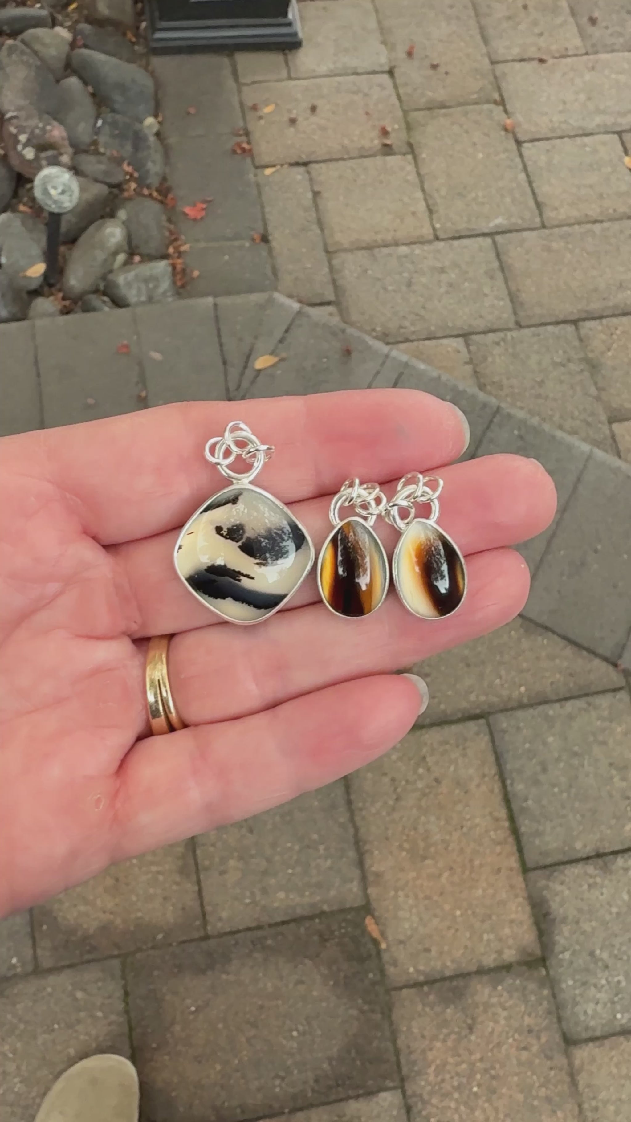 Large Montana Agate pendant necklace in sterling silver, natural cream and black patterned gemstone, handmade in Oregon