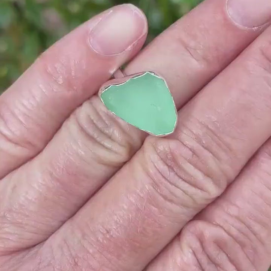 Mint Green Sea Glass Ring, Light Green Vintage Glass Ring, Bridesmaid Jewelry For Beach Wedding, Handmade Sterling Silver Beach Glass Ring