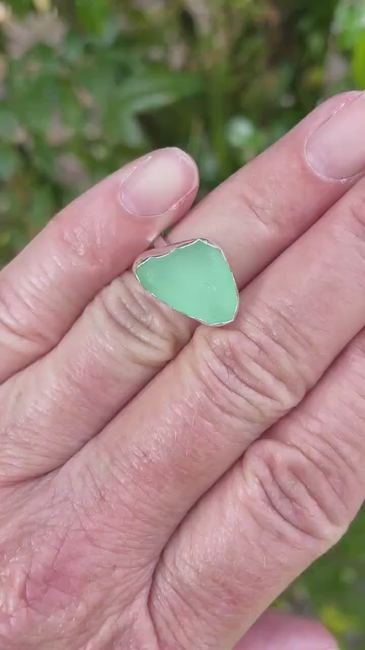 Mint Green Sea Glass Ring, Light Green Vintage Glass Ring, Bridesmaid Jewelry For Beach Wedding, Handmade Sterling Silver Beach Glass Ring