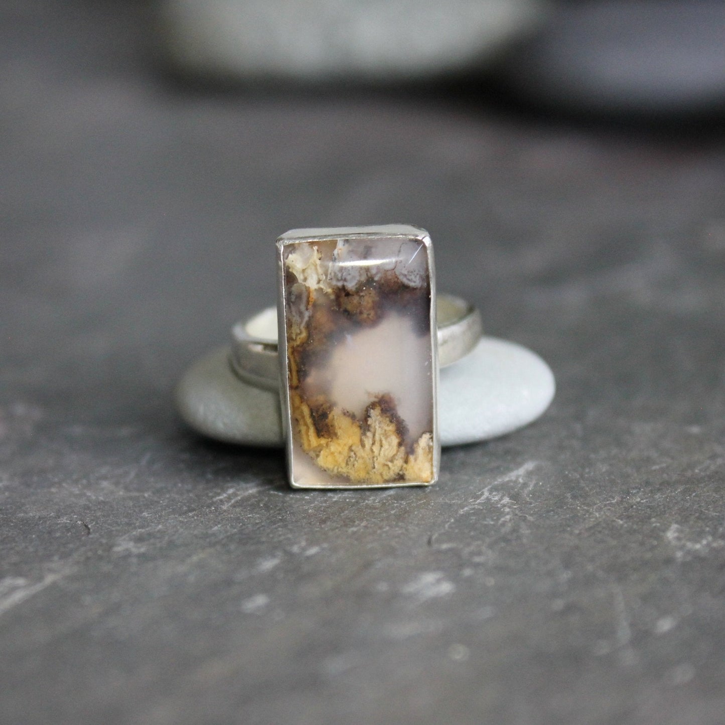 Rectangular Graveyard Point Plume Agate Statement Ring - AccentYourself