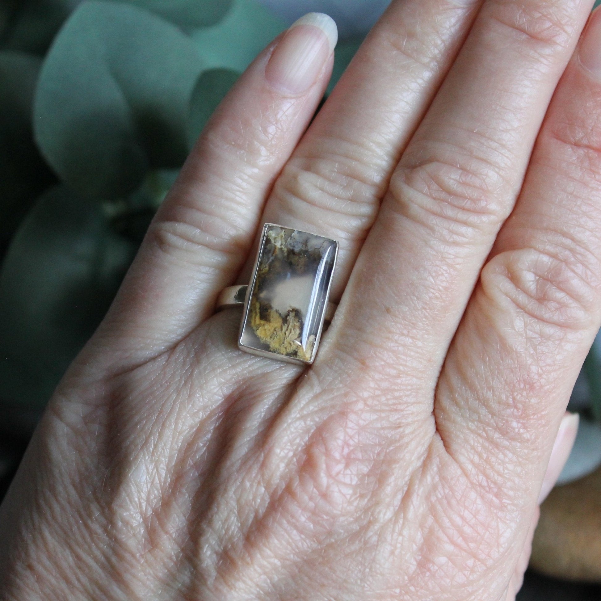 Rectangular Graveyard Point Plume Agate Statement Ring - AccentYourself