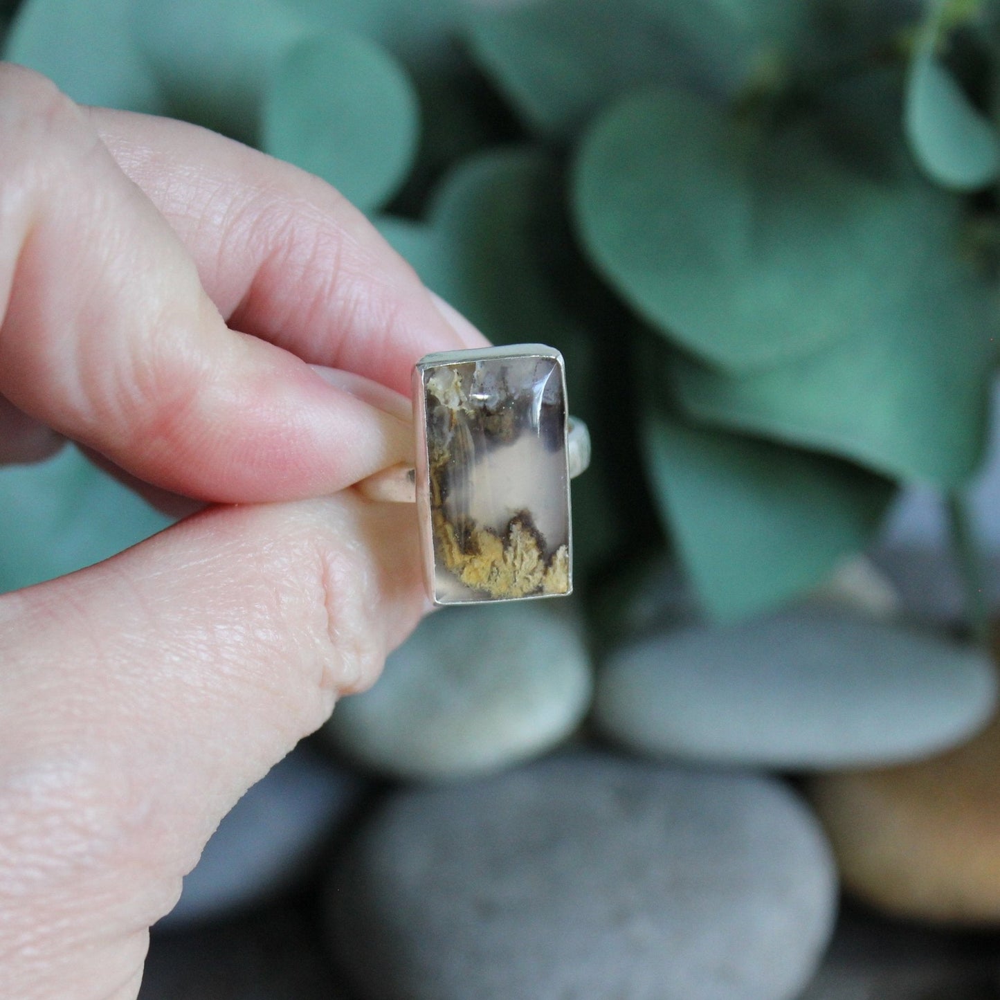 Rectangular Graveyard Point Plume Agate Statement Ring - AccentYourself