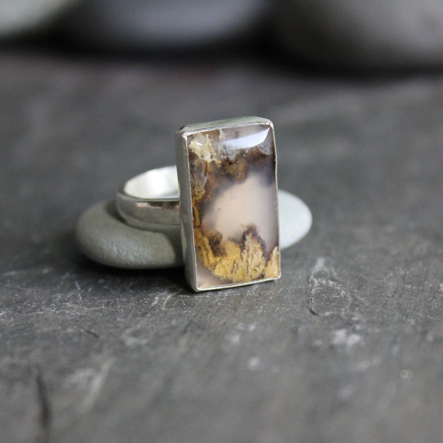 Rectangular Graveyard Point Plume Agate Statement Ring - AccentYourself