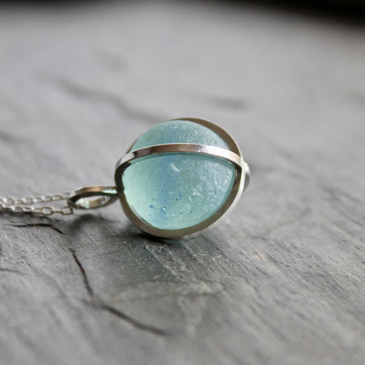 Blue Caged Sea Glass Marble Necklace | Sterling Silver | Handmade | Beach Jewelry