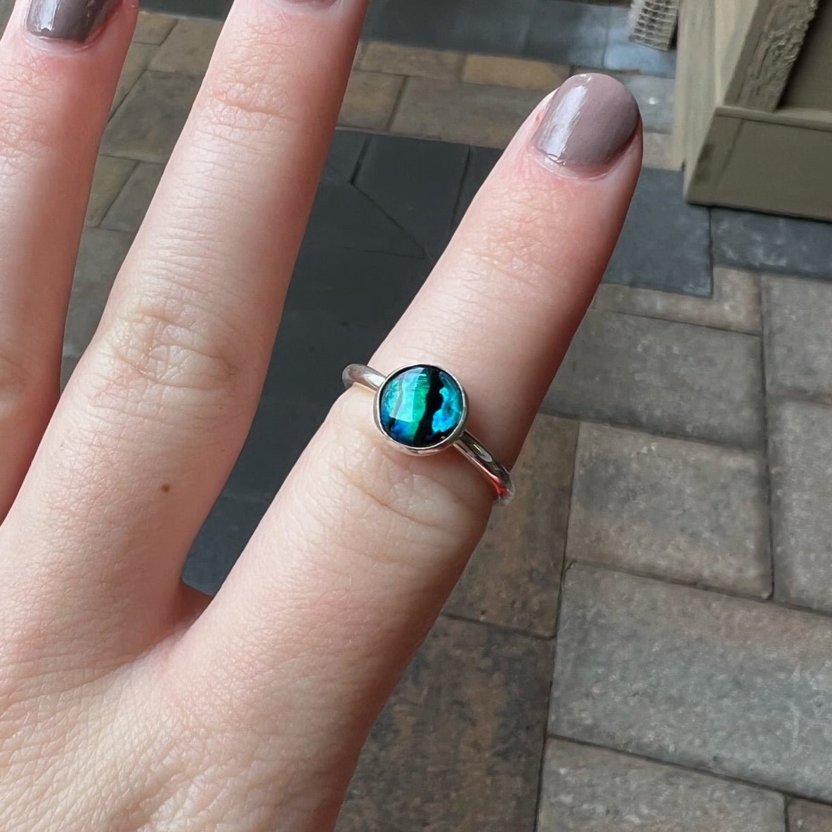 Sterling Silver Blue Paua Shell Stacking Ring - AccentYourself