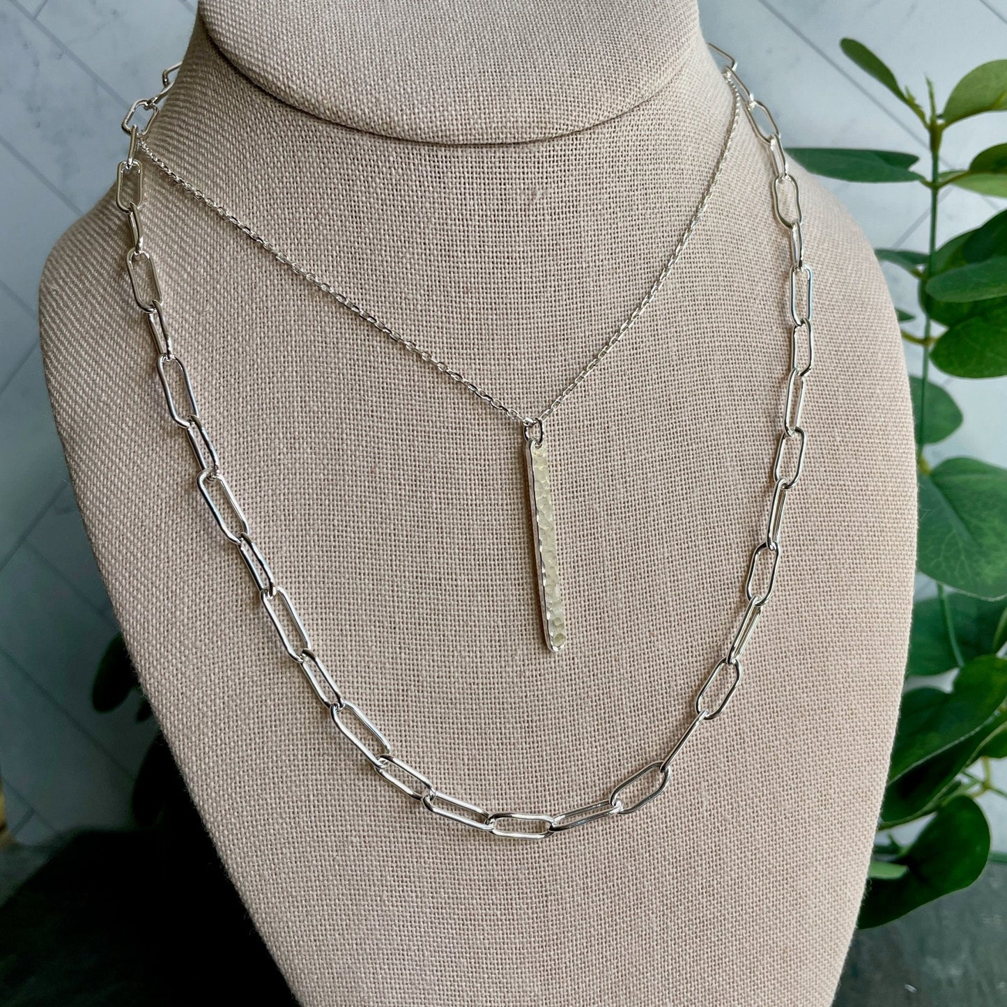 Sterling Silver Hammered Vertical Bar Necklace - AccentYourself