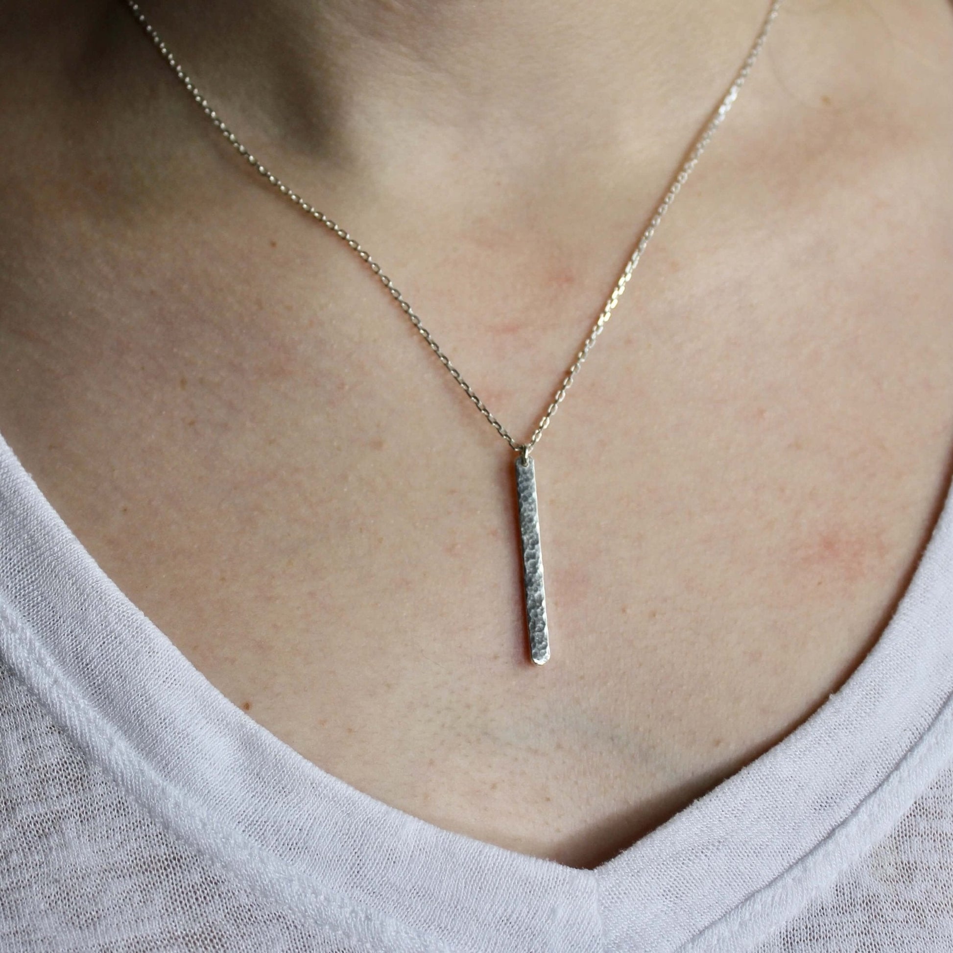 Sterling Silver Hammered Vertical Bar Necklace - AccentYourself