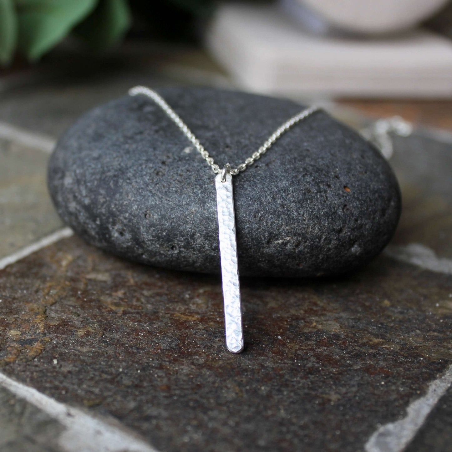 Sterling Silver Hammered Vertical Bar Necklace - AccentYourself