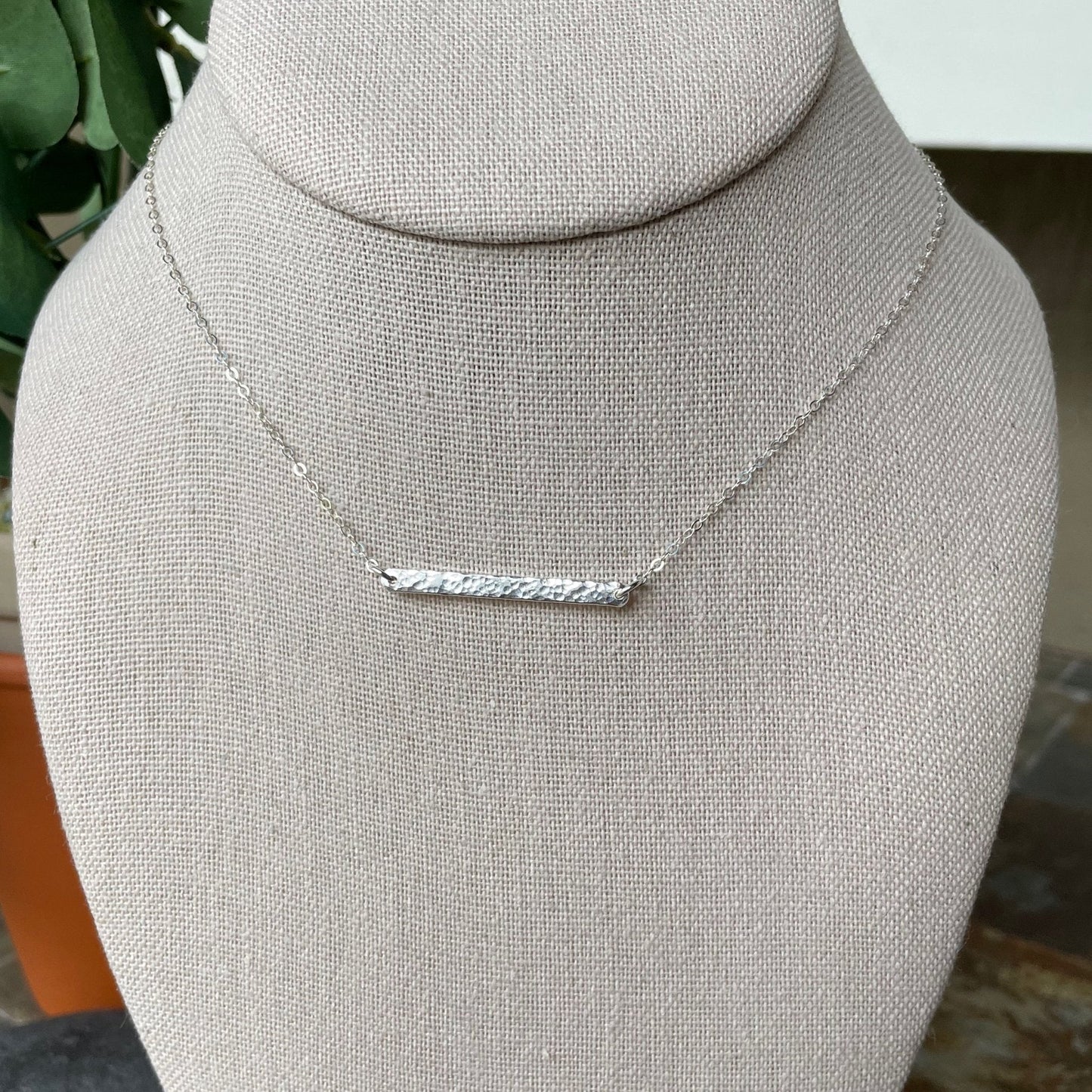 Sterling Silver Horizontal Hammered Bar Necklace - AccentYourself