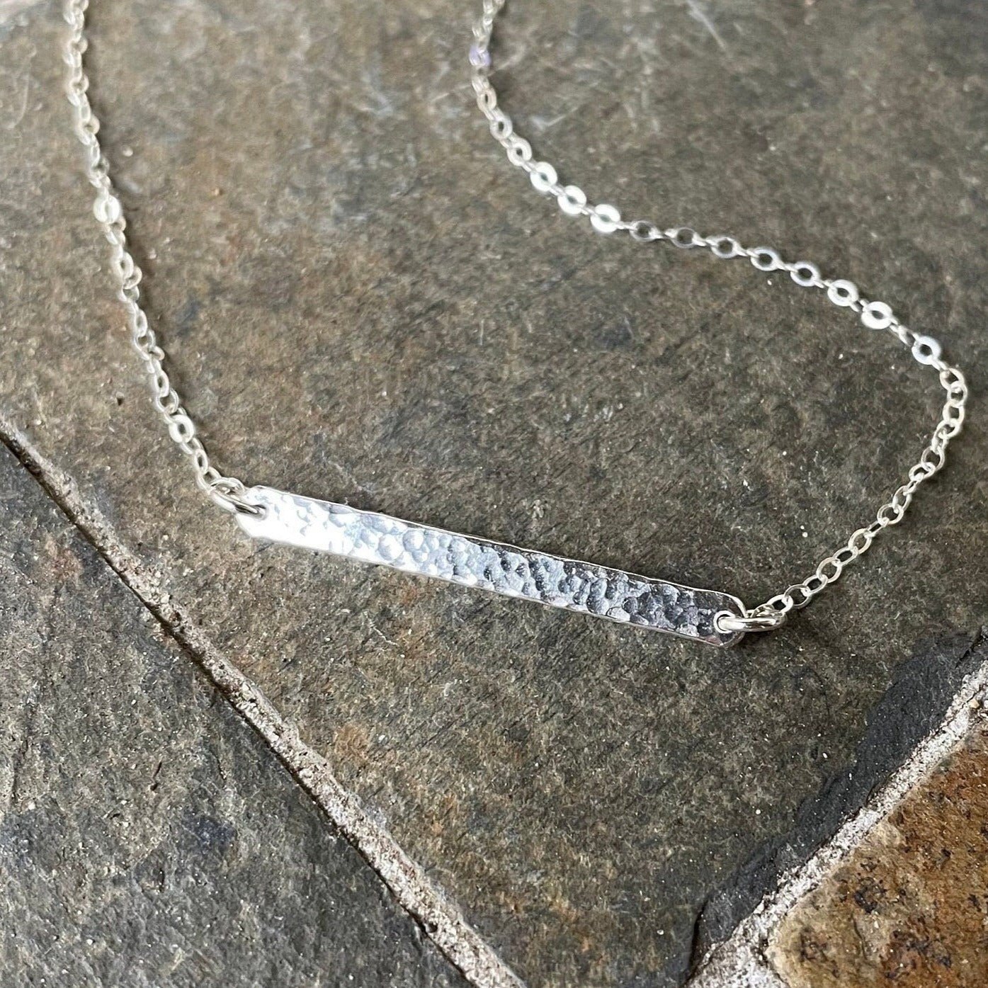 Sterling Silver Horizontal Hammered Bar Necklace - AccentYourself