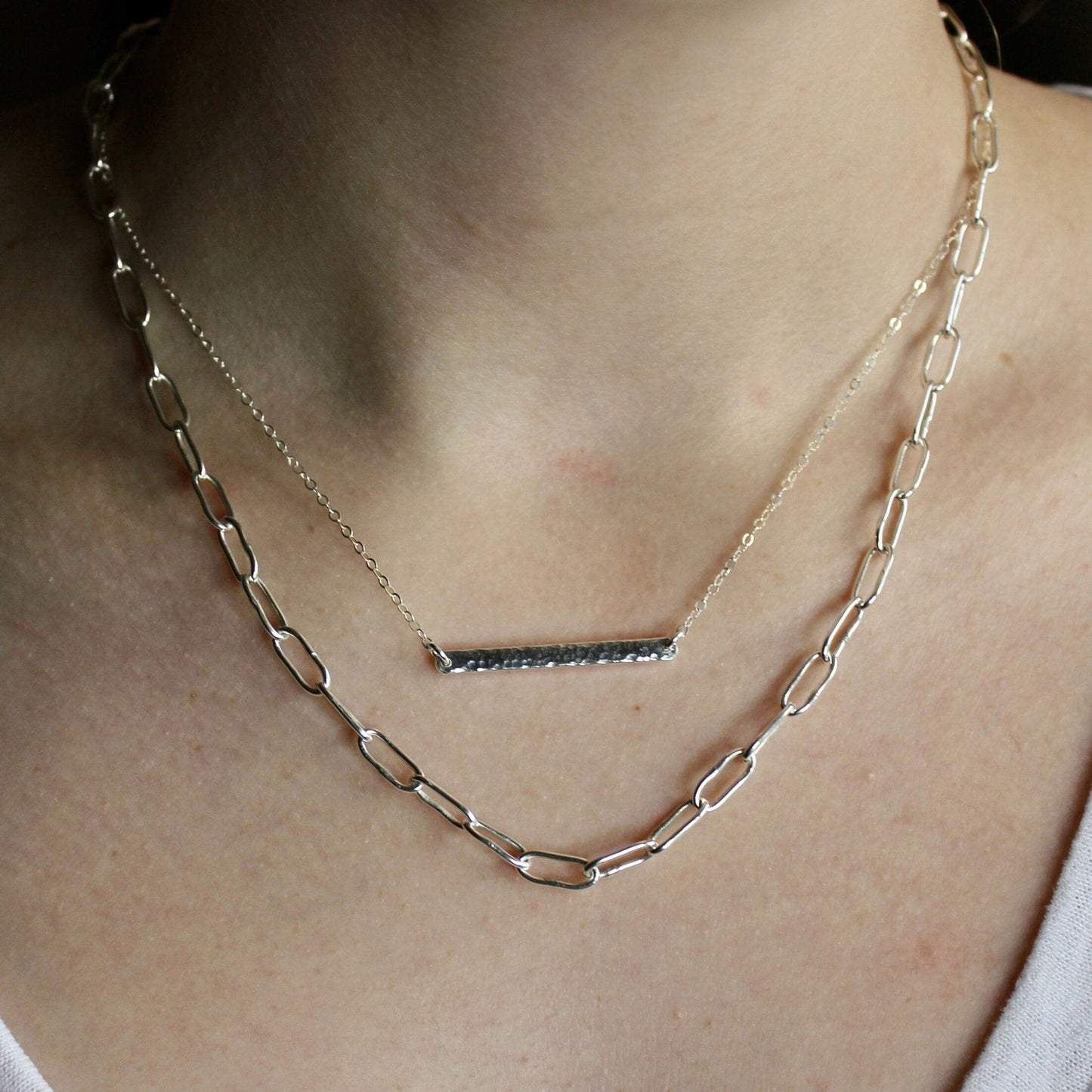 Sterling Silver Horizontal Hammered Bar Necklace - AccentYourself