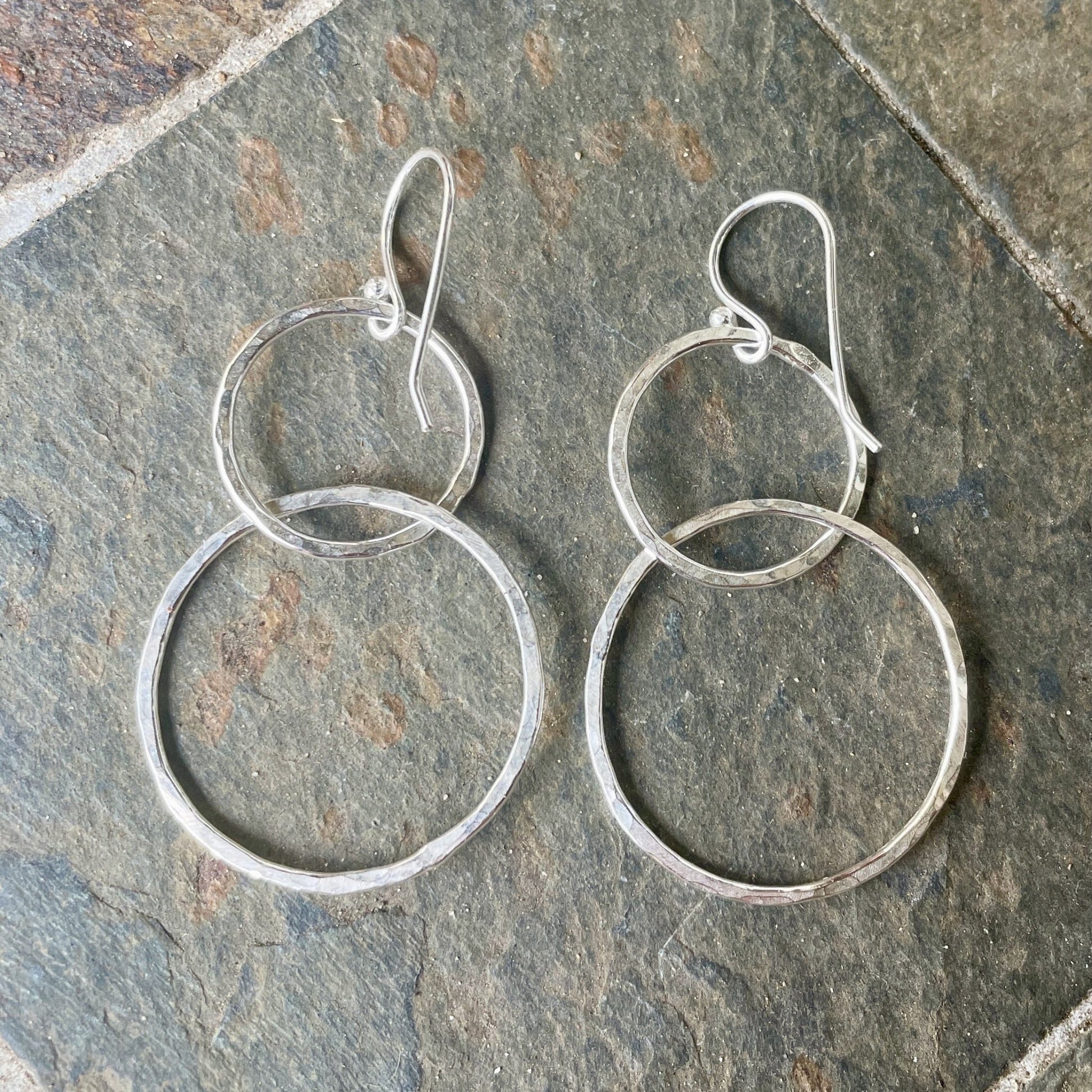 Sterling Silver Rustic Double Circle Dangly Earrings - AccentYourself