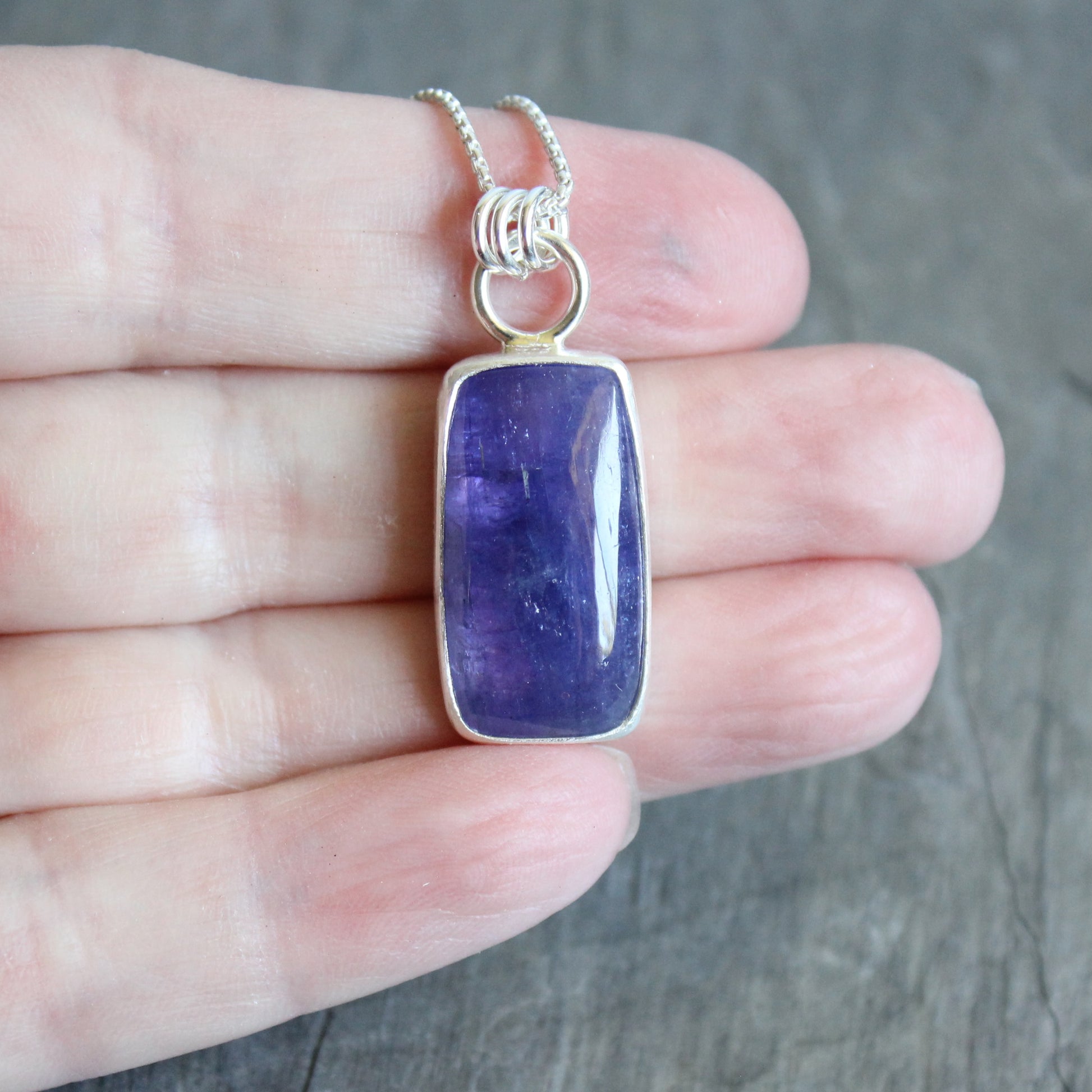 Handmade rectangular tanzanite sterling silver pendant necklace — rare December birthstone jewelry by Accent Yourself, Corvallis Oregon