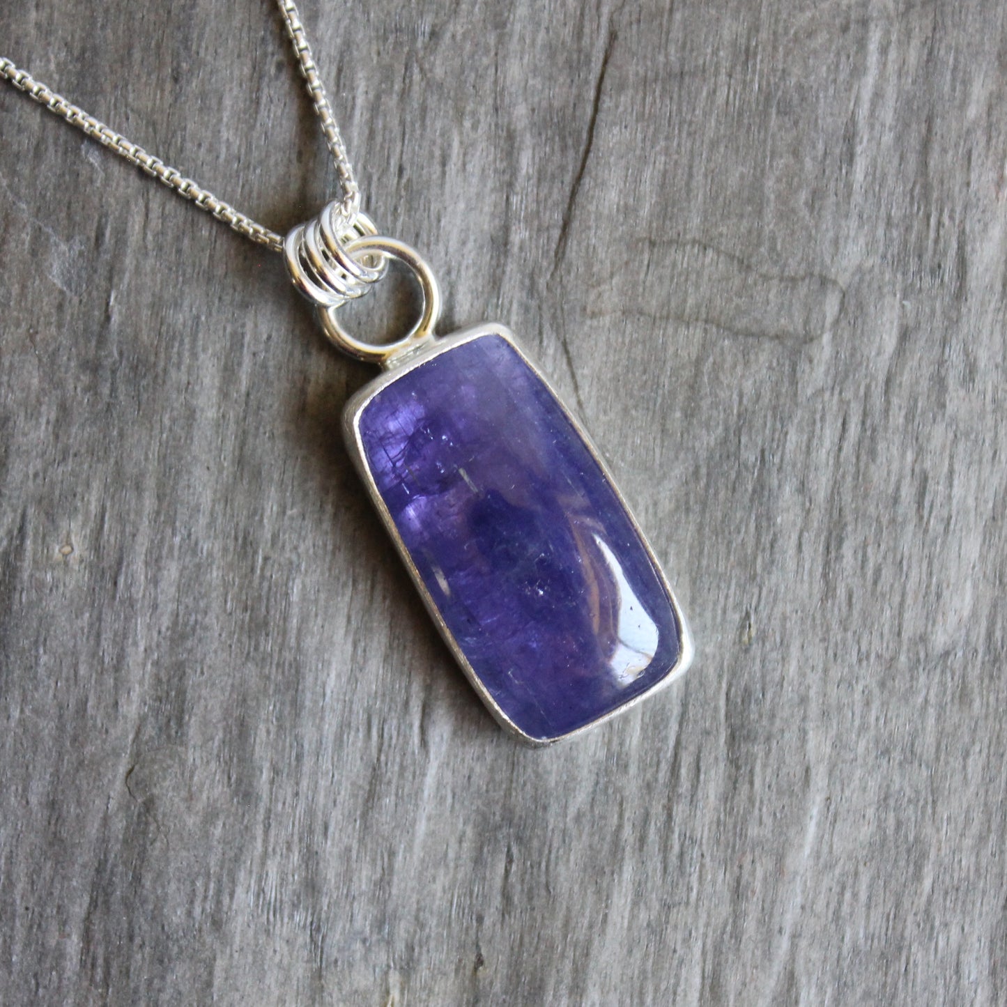 Handmade rectangular tanzanite sterling silver pendant necklace — rare December birthstone jewelry by Accent Yourself, Corvallis Oregon