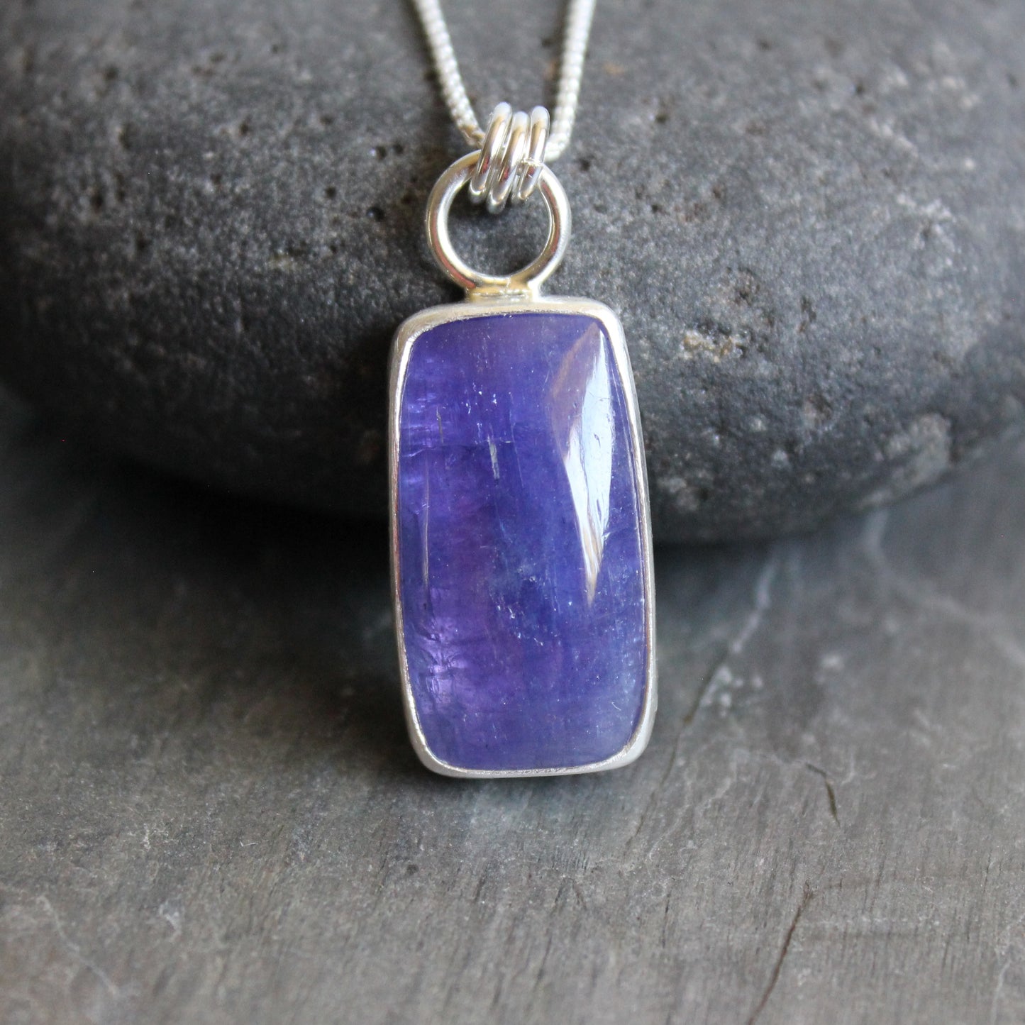 Handmade rectangular tanzanite sterling silver pendant necklace — rare December birthstone jewelry by Accent Yourself, Corvallis Oregon