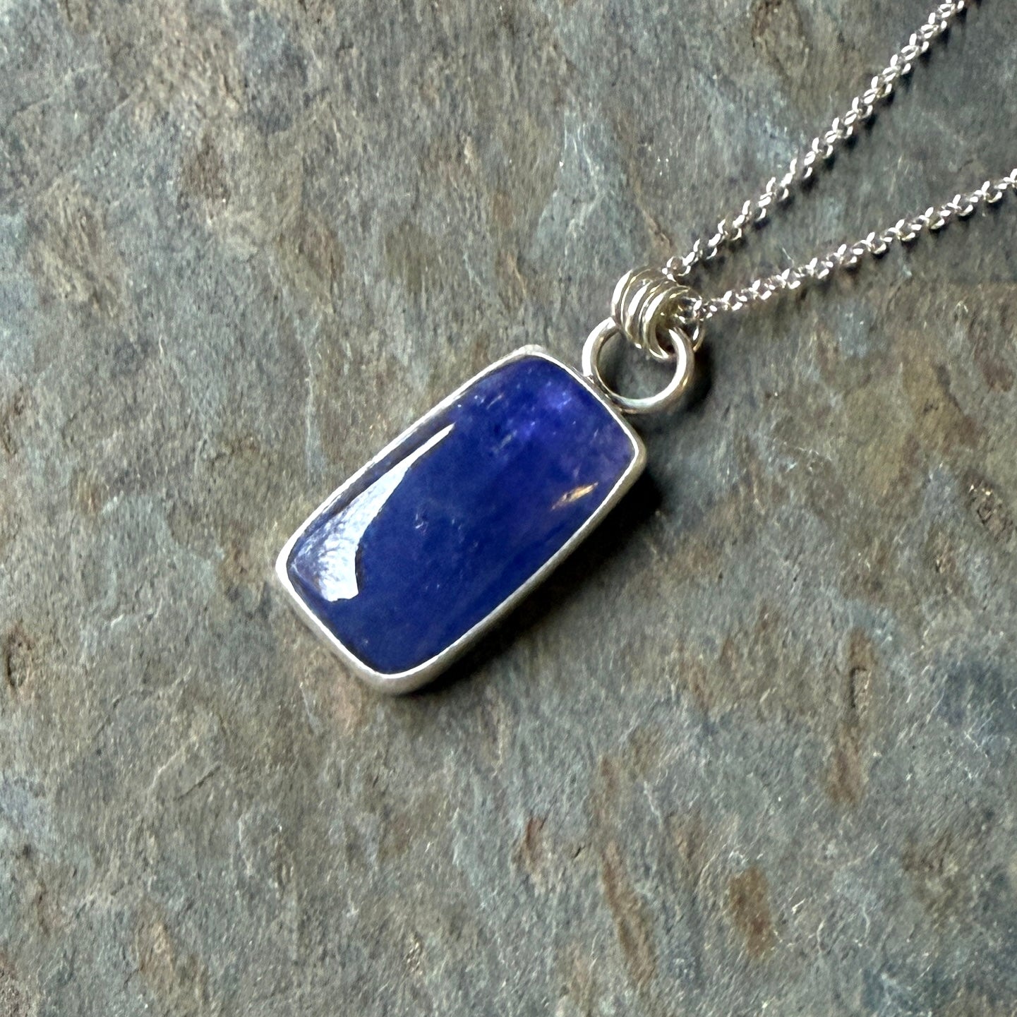 Handmade rectangular tanzanite sterling silver pendant necklace — rare December birthstone jewelry by Accent Yourself, Corvallis Oregon