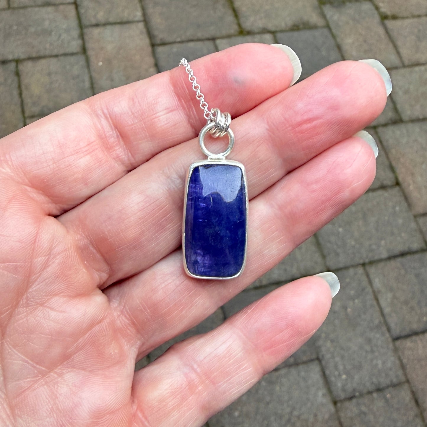 Handmade rectangular tanzanite sterling silver pendant necklace — rare December birthstone jewelry by Accent Yourself, Corvallis Oregon