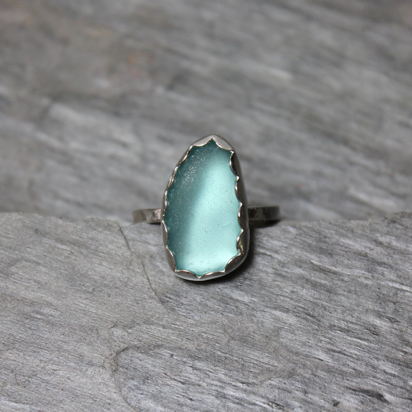 Large Dark Turquoise Blue Sea Glass Ring • Handmade • Sterling Silver • Beach Jewelry • Size 8.5